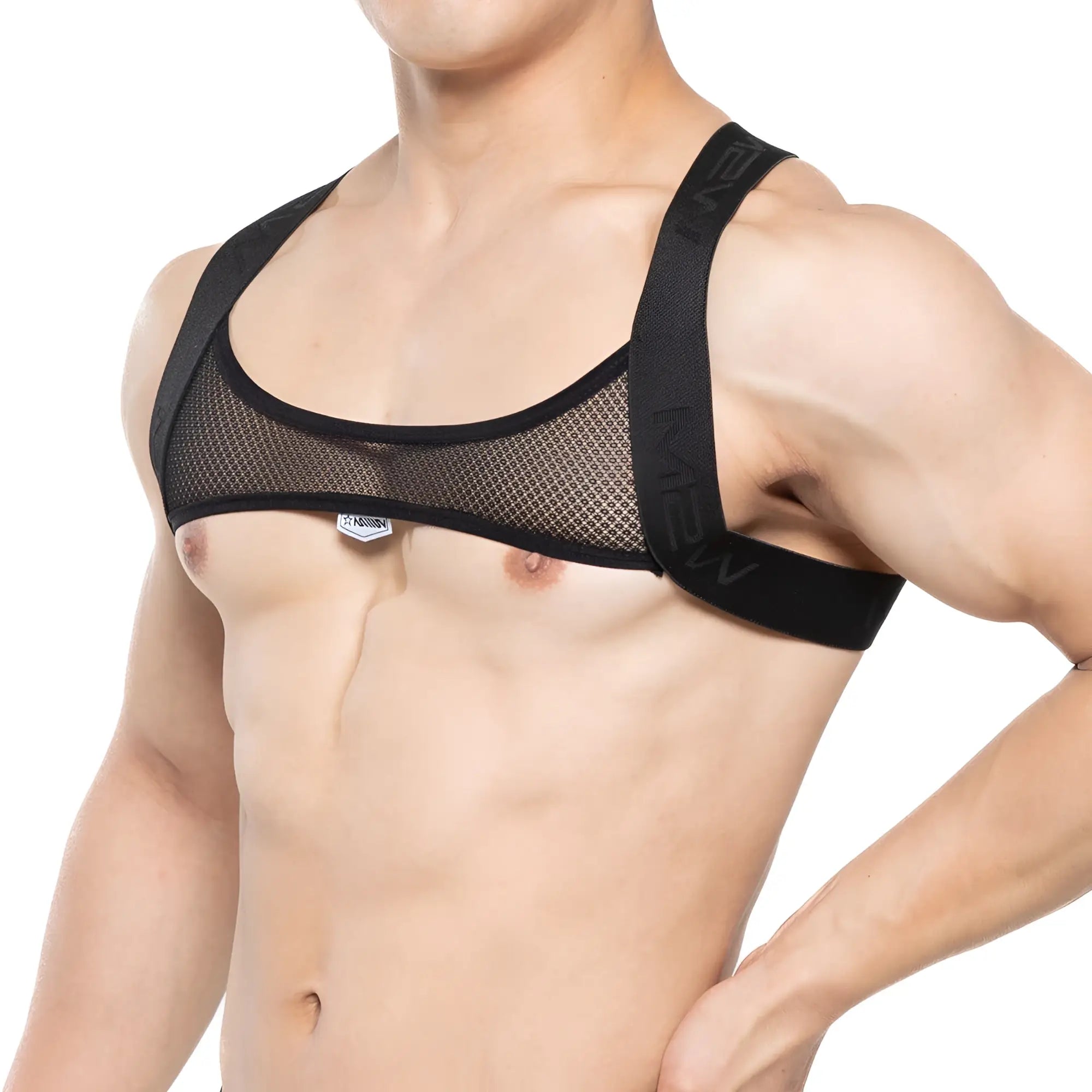 Black mesh sports bra with adjustable shoulder straps and branded tag from Metromalewear tank top harness black 1500 20