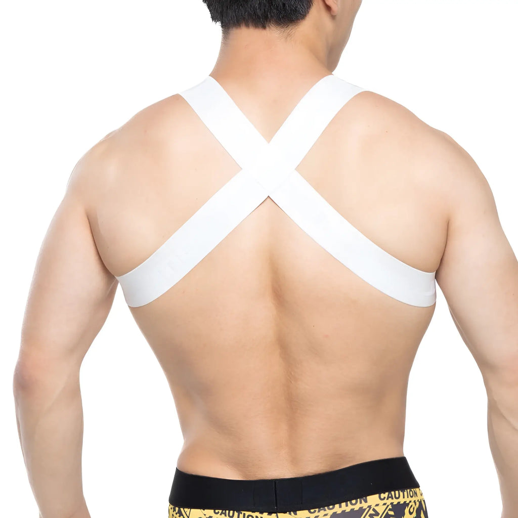 White cross-back support strap shown from the back in metromalewear tank top harness white 1500-00 design