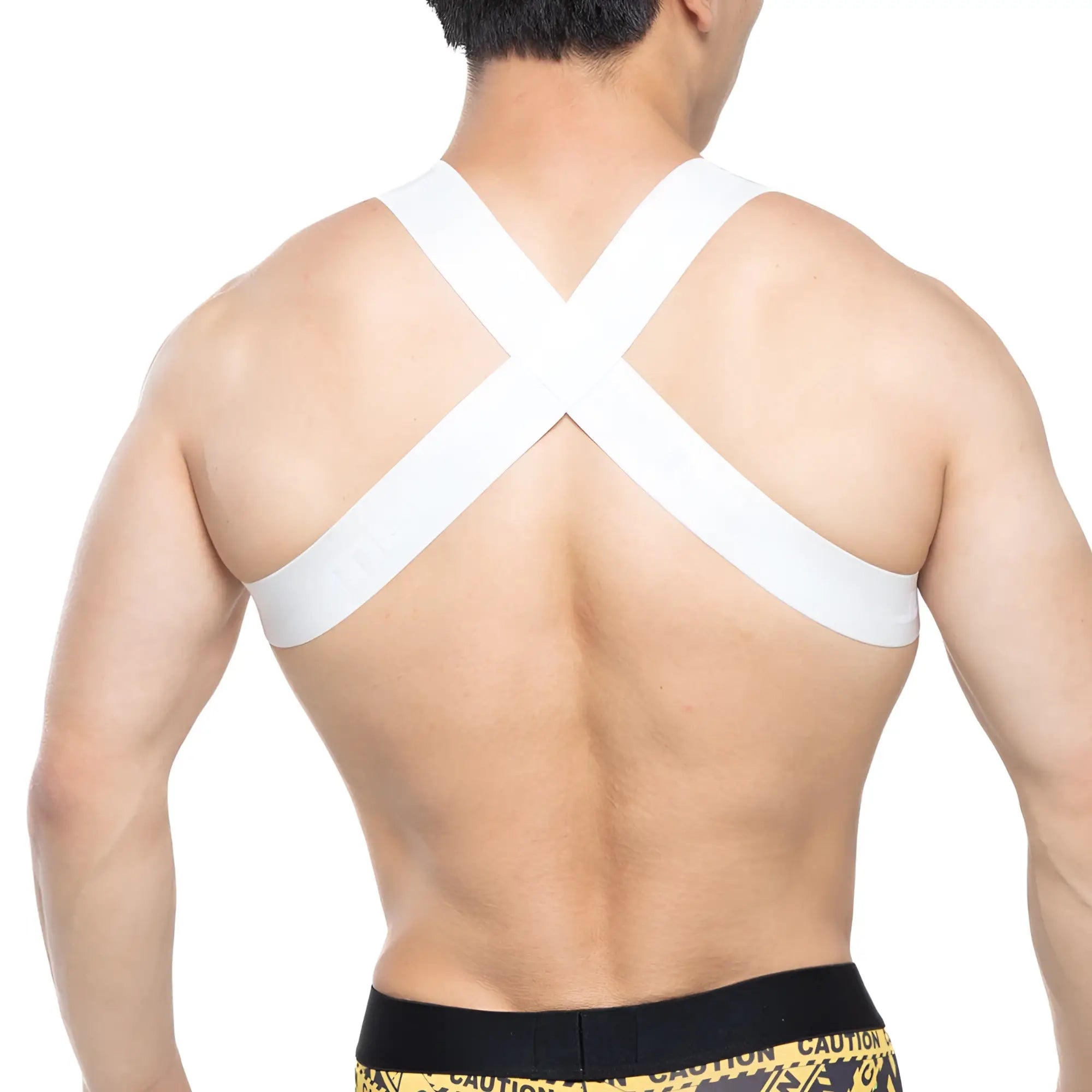 White cross-back support strap shown from the back in metromalewear tank top harness white 1500-00 design