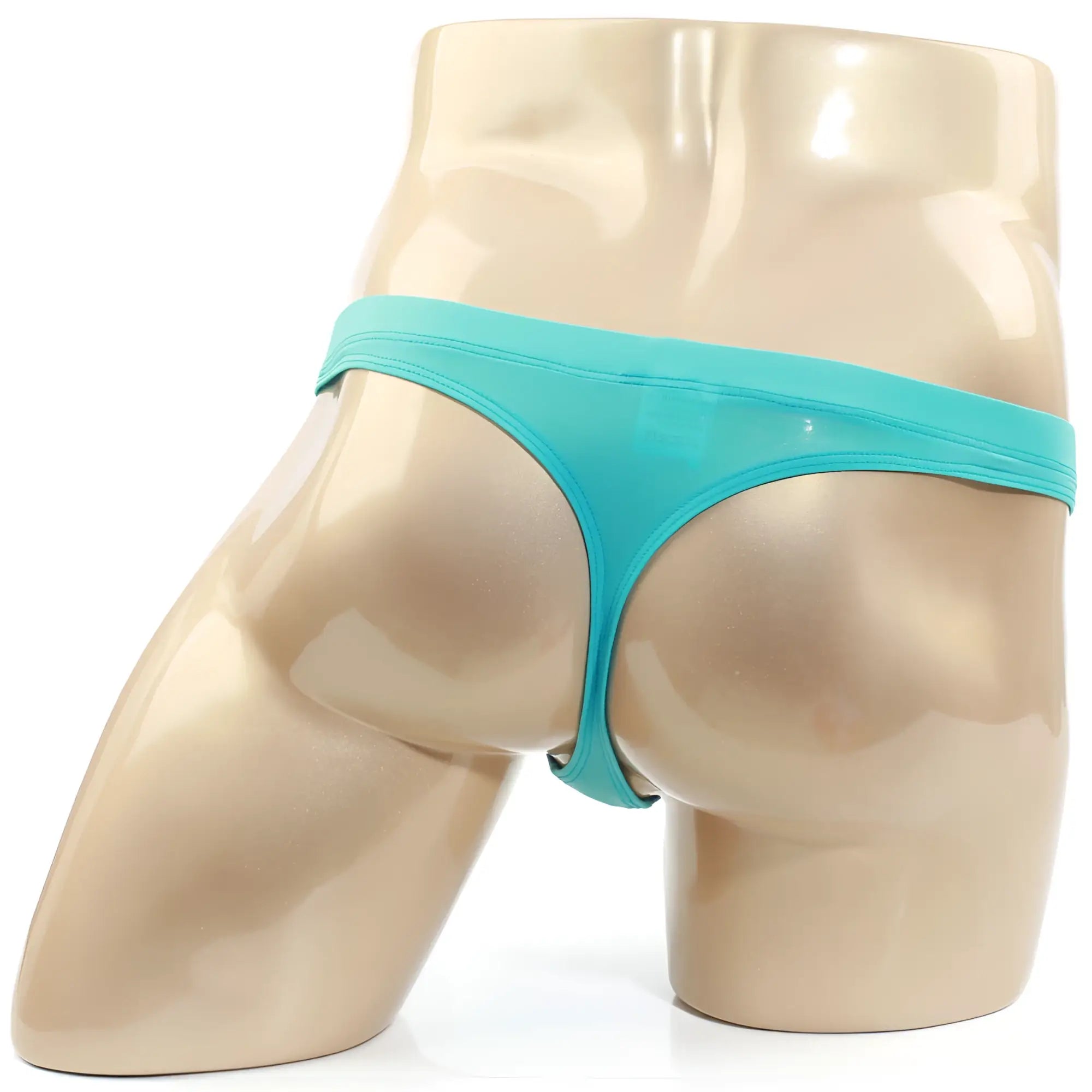 A sleek turquoise latex thong with minimalist design from MetroMaleWear tasman thong blue 5032-08