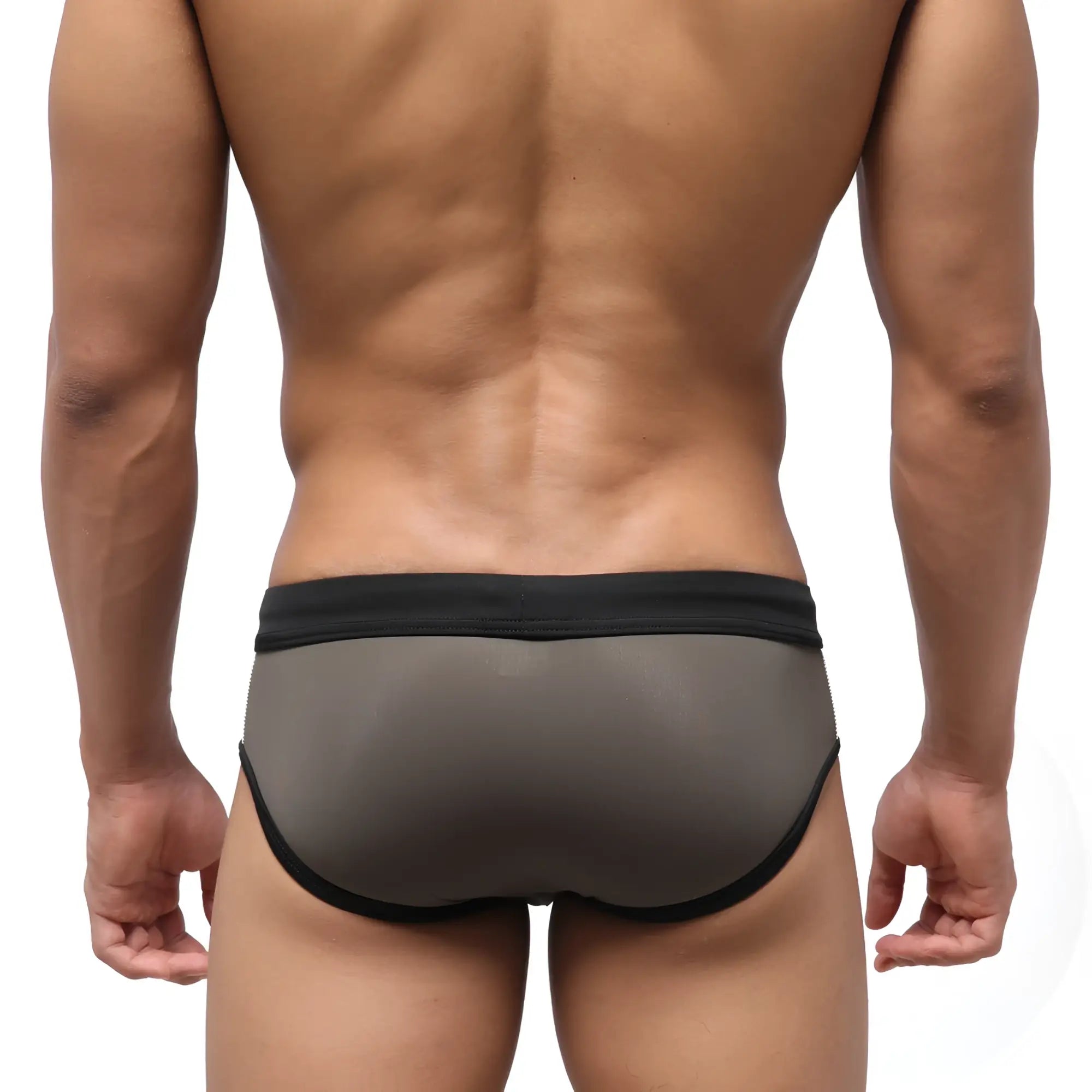 Metro male wear tebai swim brief khaki 4956-26 black-trimmed gray mesh briefs showcasing front view