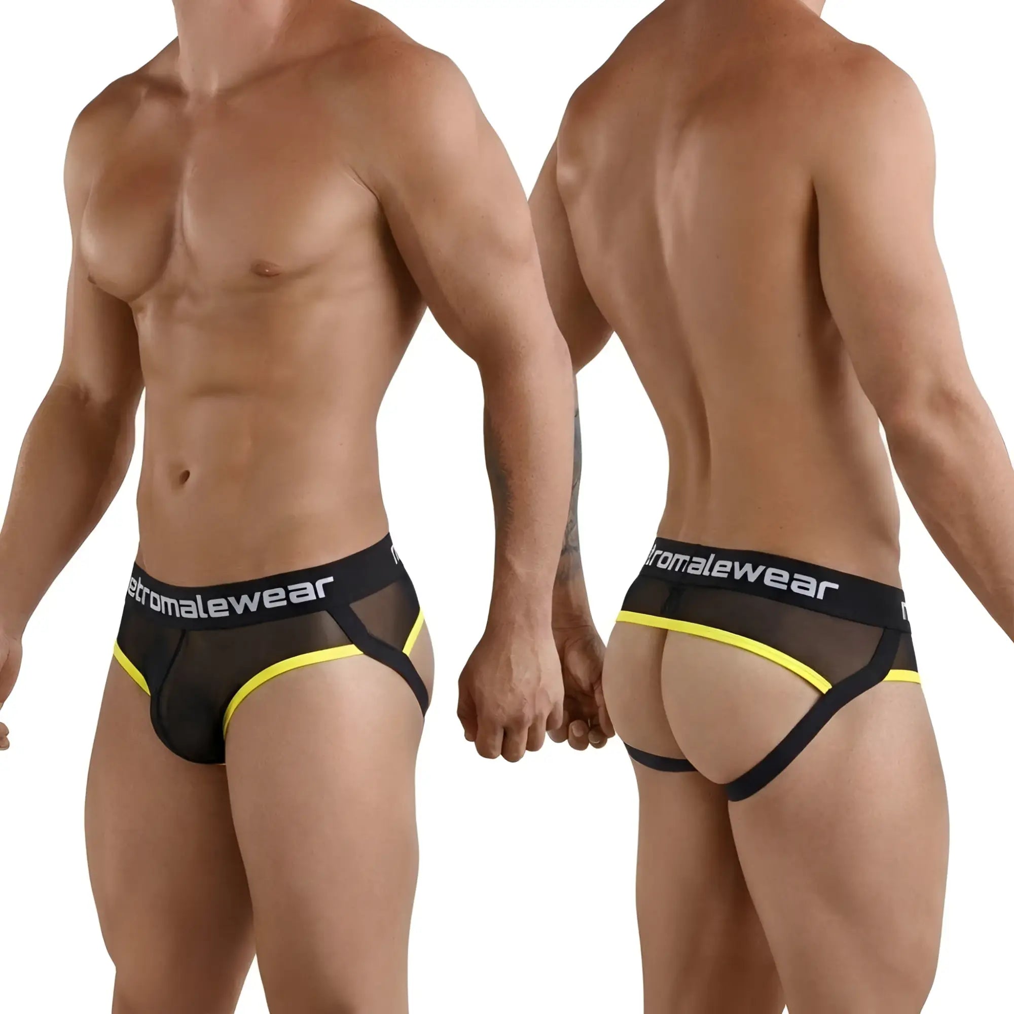 Metro male wear tequila jock strap 1331-20 black and yellow mesh briefs with bold athletic design