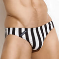 Black and white vertically striped metro male wear termoli swim bikini with branded side tag for men