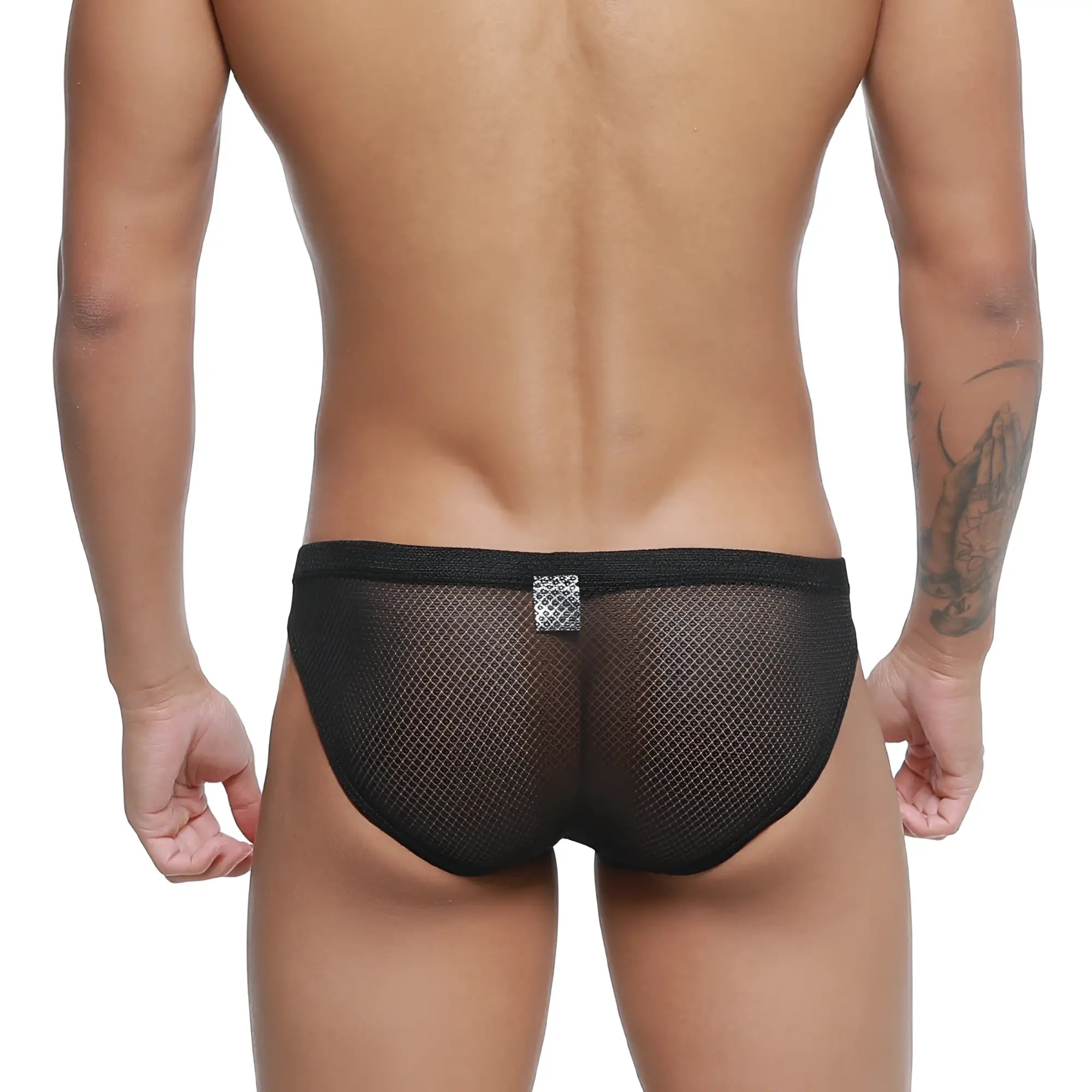 Back view of metromalewear terra bikini black mesh briefs with subtle diamond-patterned silver patch at waistband