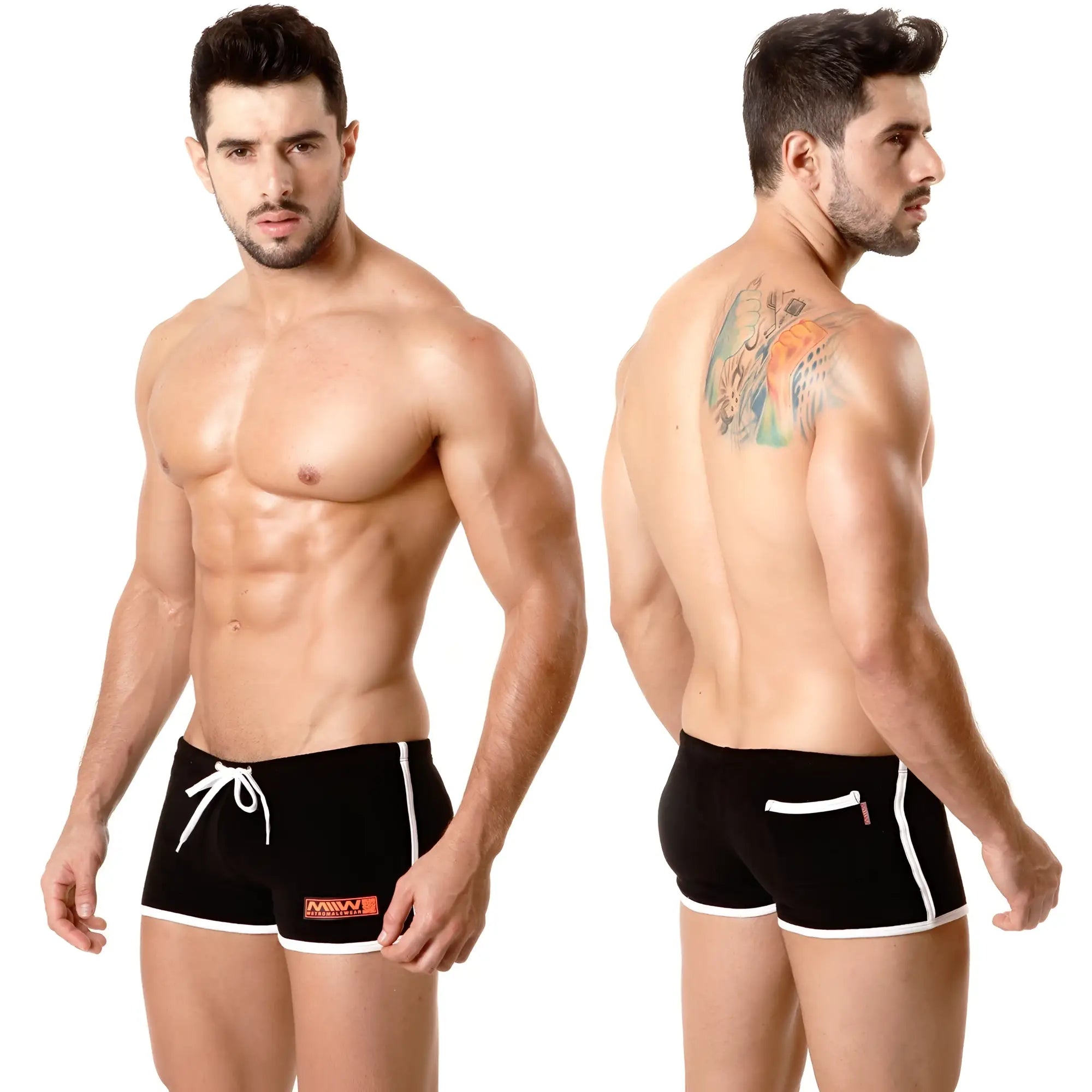 MetroMaleWear terry short black swim trunks with white trim and a drawstring waistband for casual wear