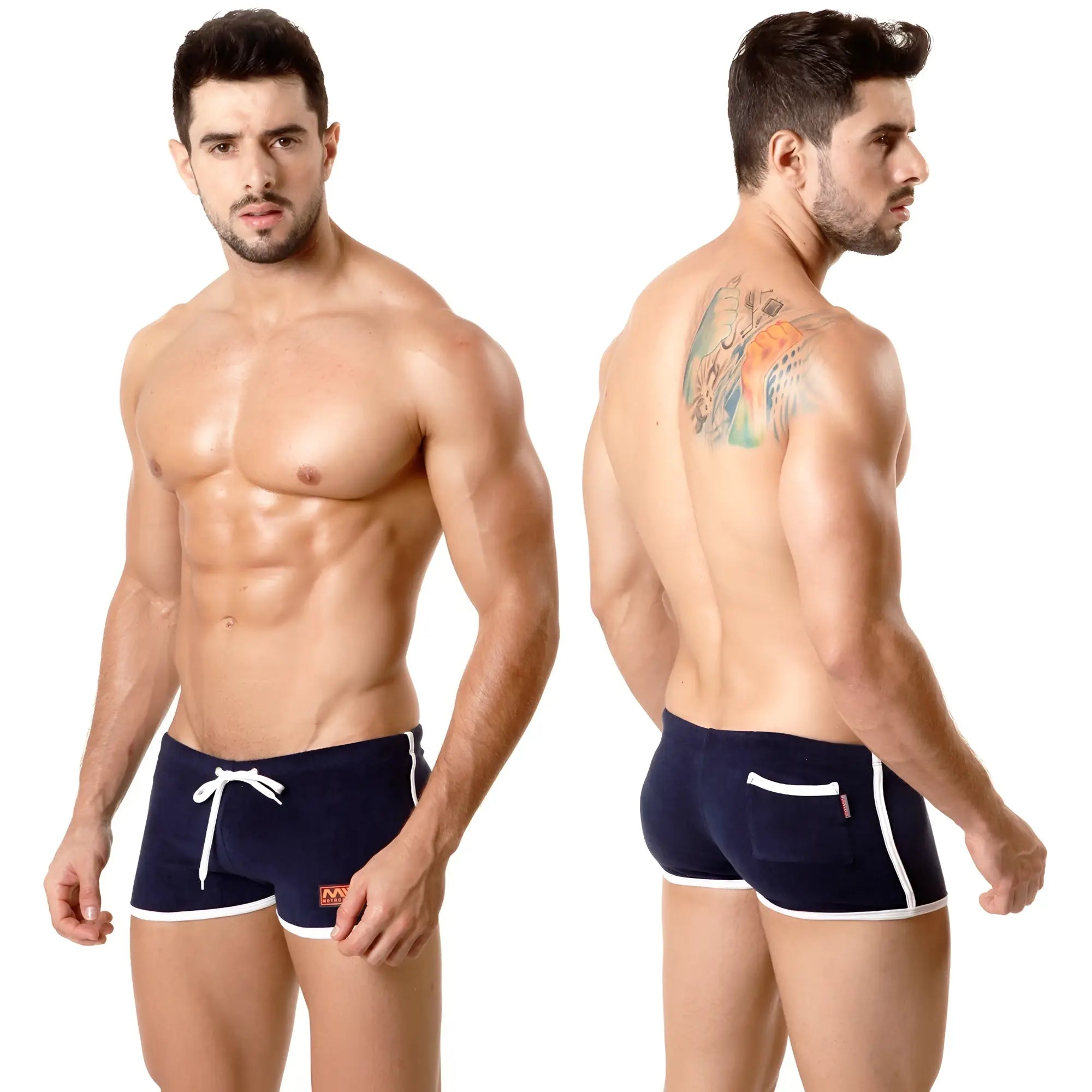 Navy blue MetroMaleWear terry swim trunks with white trim and front pocket for casual beachwear