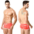 Red athletic swim trunks with white trim and a side pocket from metromalewear terry short series