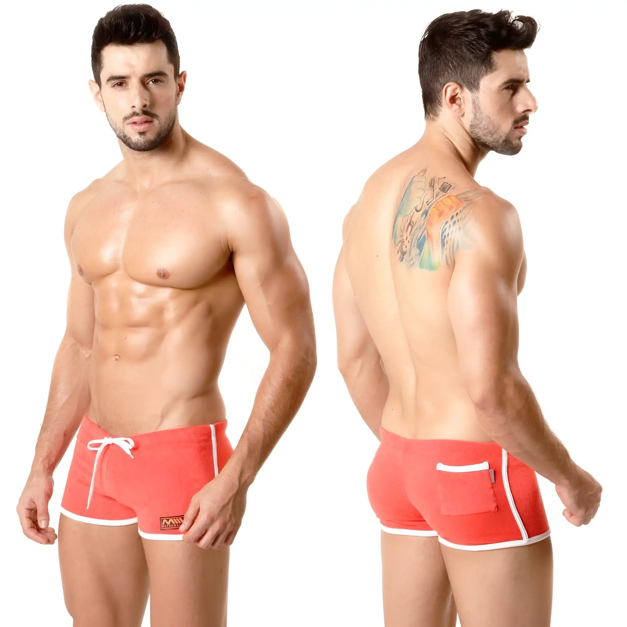 Red athletic swim trunks with white trim and a side pocket from metromalewear terry short series