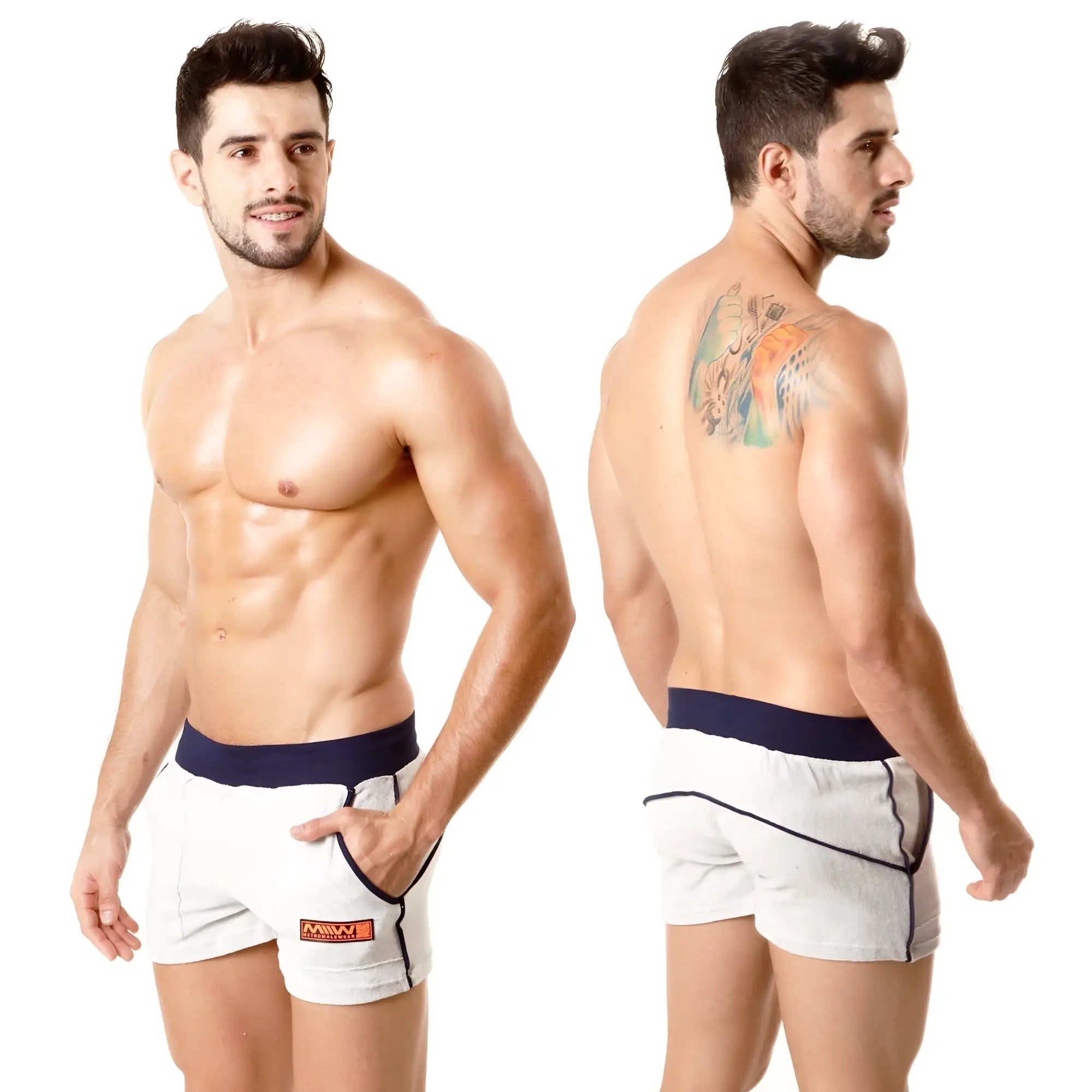 White metro malewear terry sport shorts with navy waistband trim and orange logo on left leg 4701-10