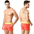 Metro male wear terry sport short orange 4701-14 vibrant coral swim trunks with yellow waistband and side trim front view