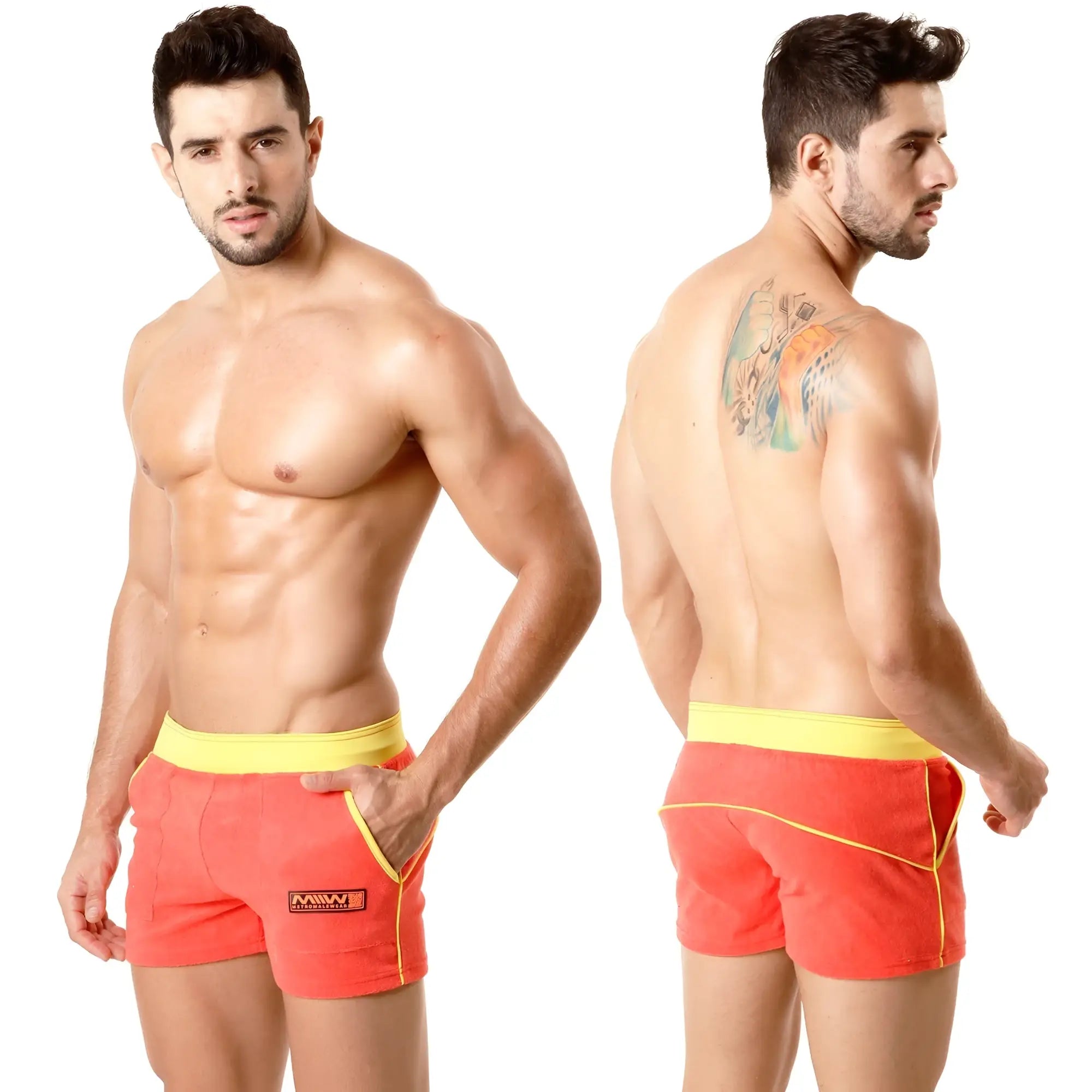 Metro male wear terry sport short orange 4701-14 vibrant coral swim trunks with yellow waistband and side trim front view