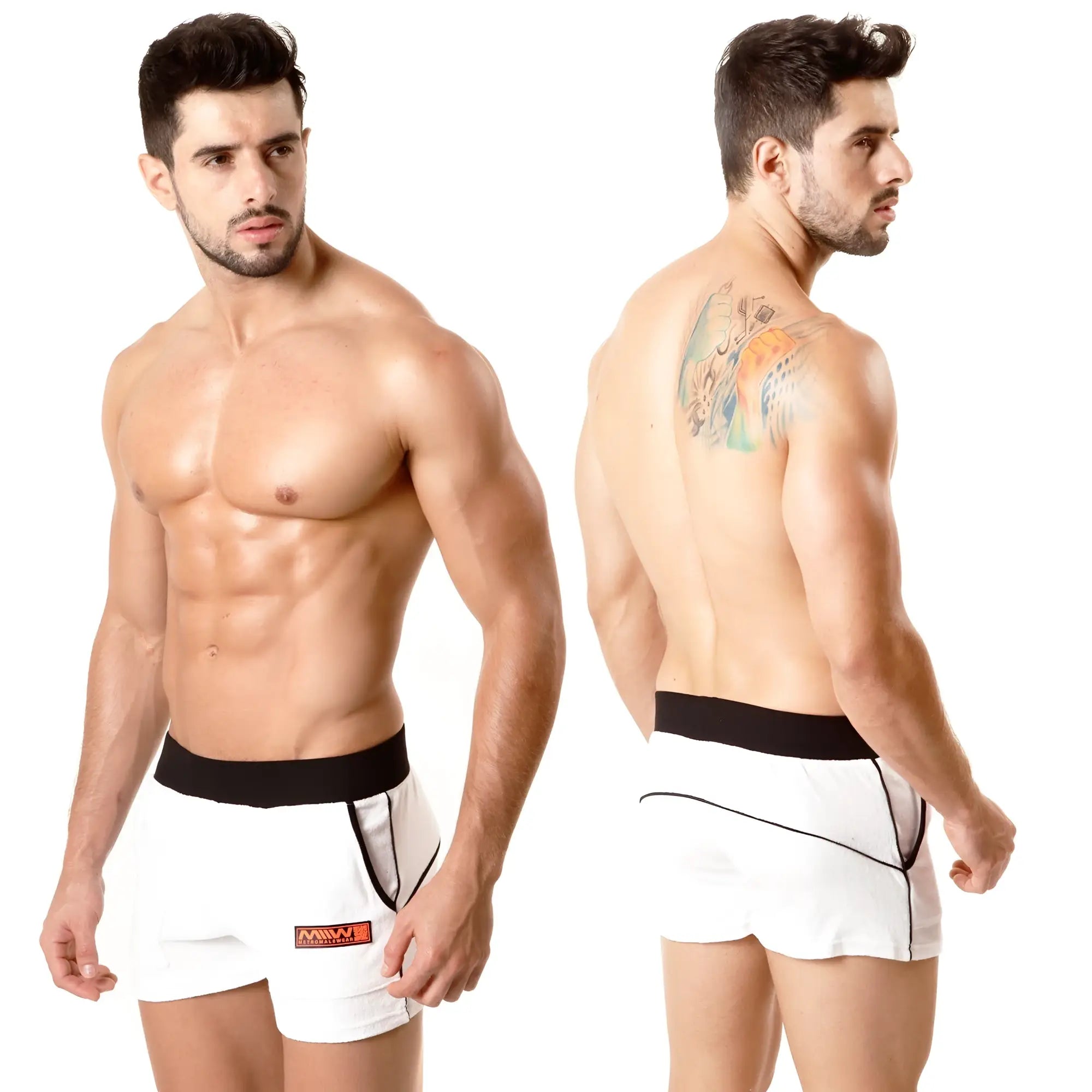 White metro male wear terry sport short 4701-00 athletic briefs with black waistband and small orange logo on left leg