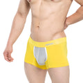 Bright yellow metro malewear tesoro short boxer 7 inch with gray mesh panel white trim and men’s logo waistband
