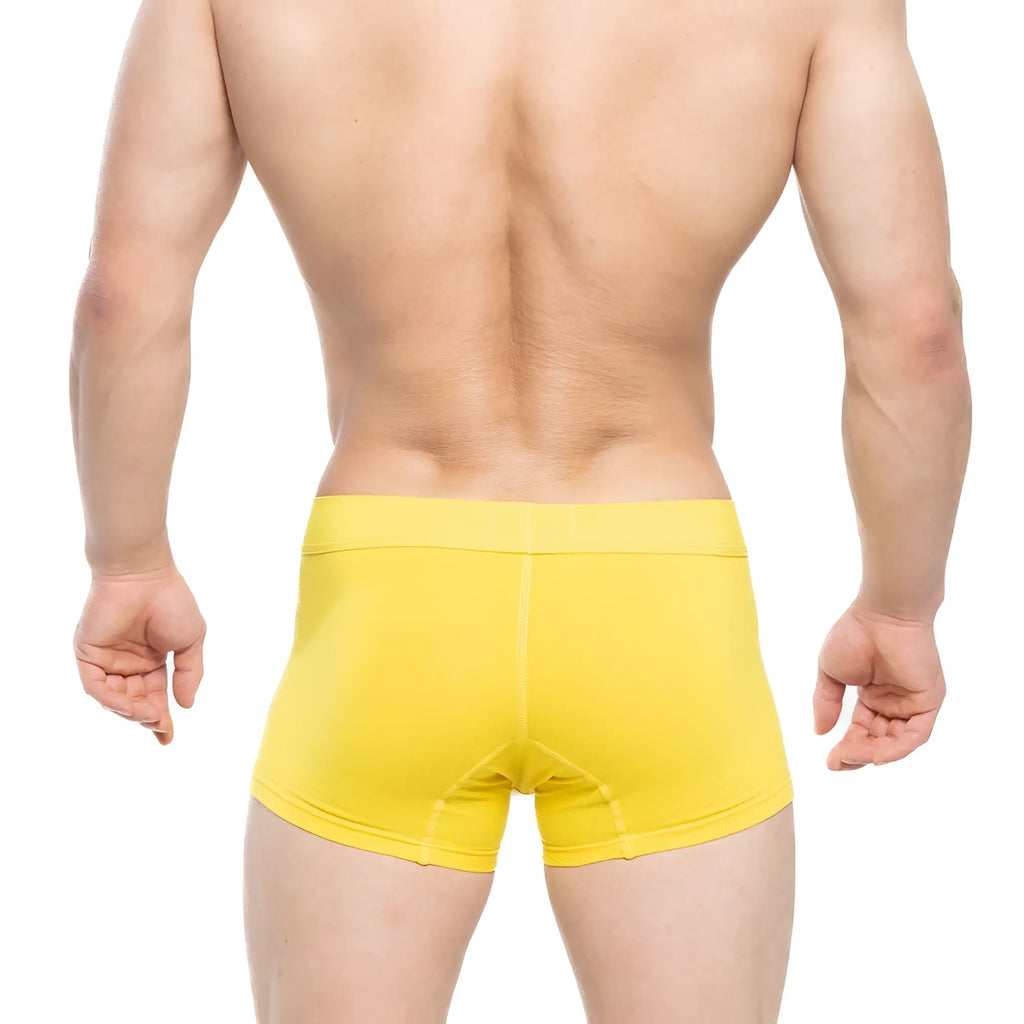 Bright yellow metro male wear tesoro short boxer 7 inch briefs with smooth form fitting fabric and solid color design