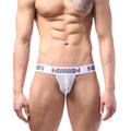 MetroMaleWear thong sheer white 3002-38 features white and gray stripes with a bold n logo on the waistband