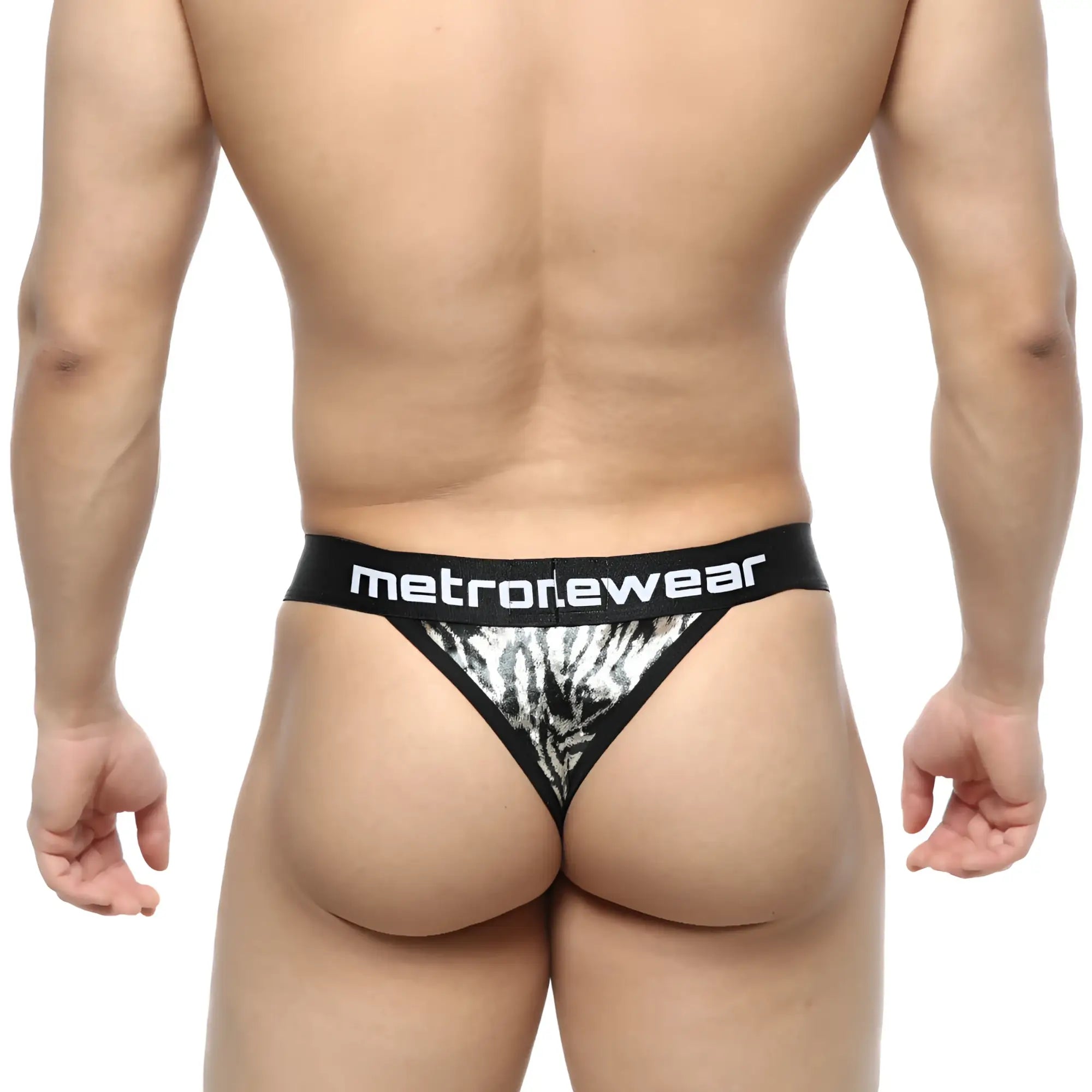 Black and silver zebra-print thong with metromalewear branded waistband from MetroMaleWear tiger thong 2912-61 collection