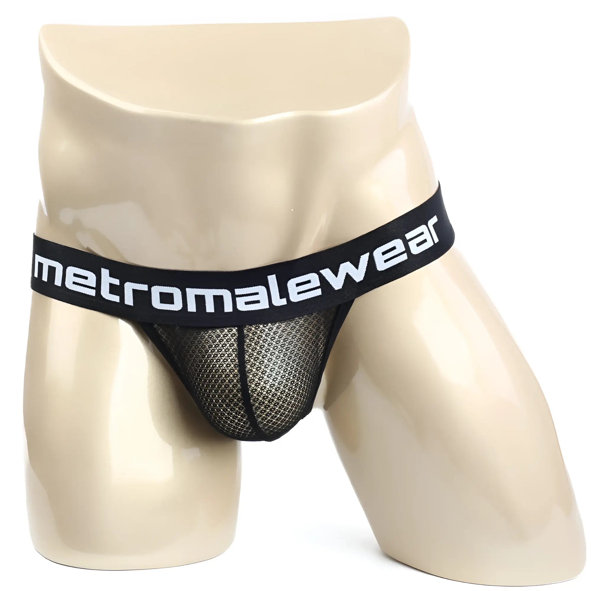 Black mesh briefs with black elastic waistband featuring metromalewear logo in white for metro malewear time thong tull 2902-30