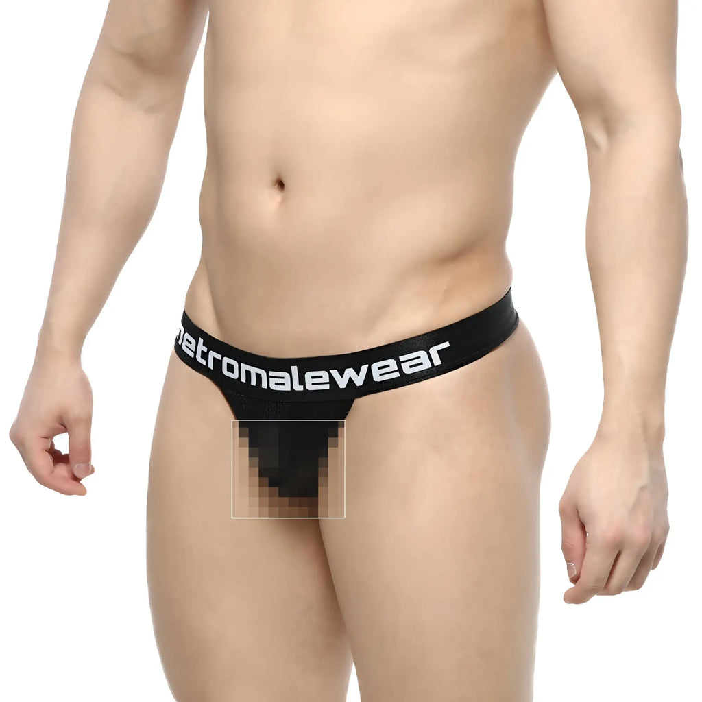 Black mesh thong with wide elastic waistband featuring metromalewear logo in white from MetroMaleWear time thong tull 2902-30