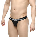 Black mesh thong with wide elastic waistband featuring metromalewear logo in white from MetroMaleWear time thong tull 2902-30