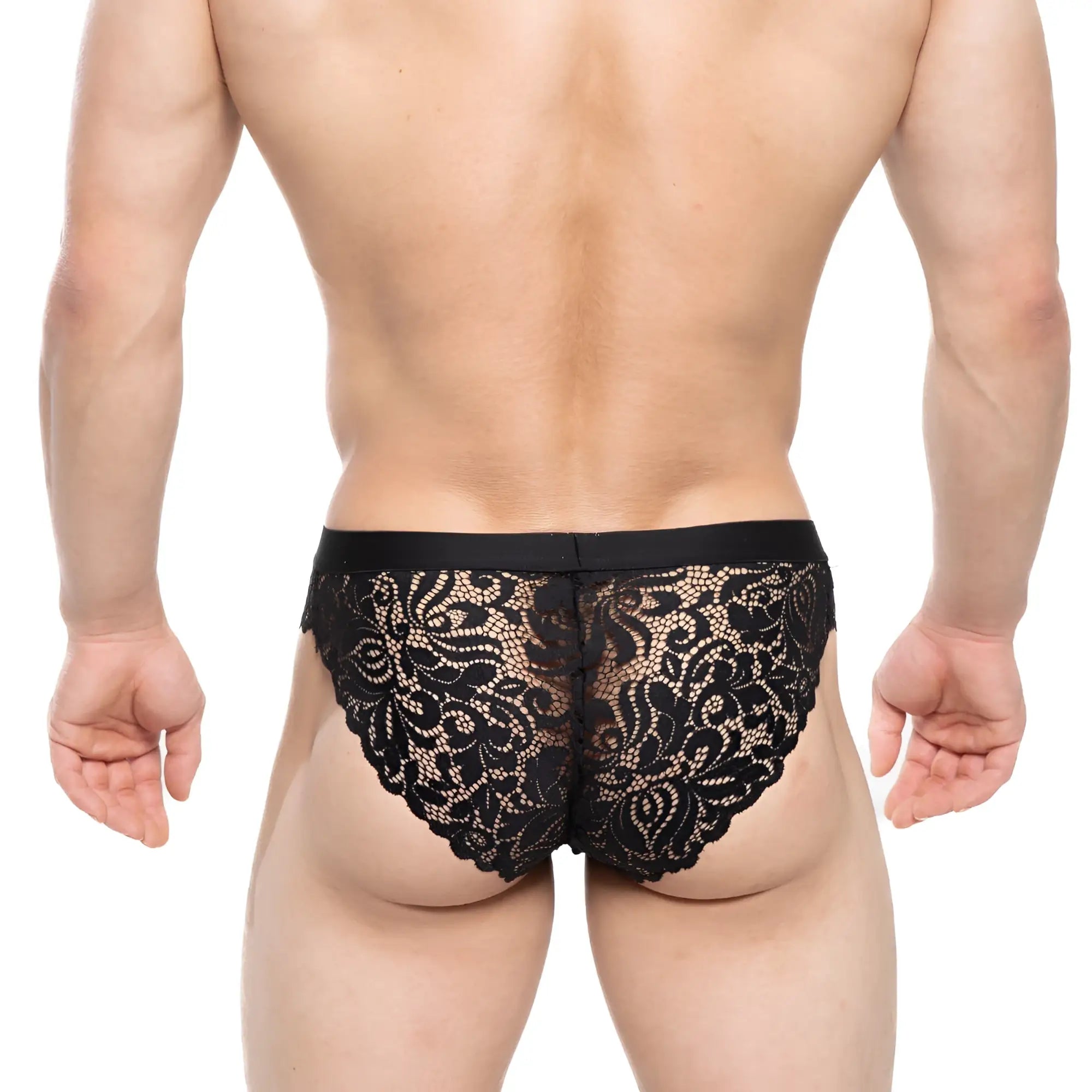MetroMalewear todd brief black lace underwear with intricate floral patterns and a solid black waistband