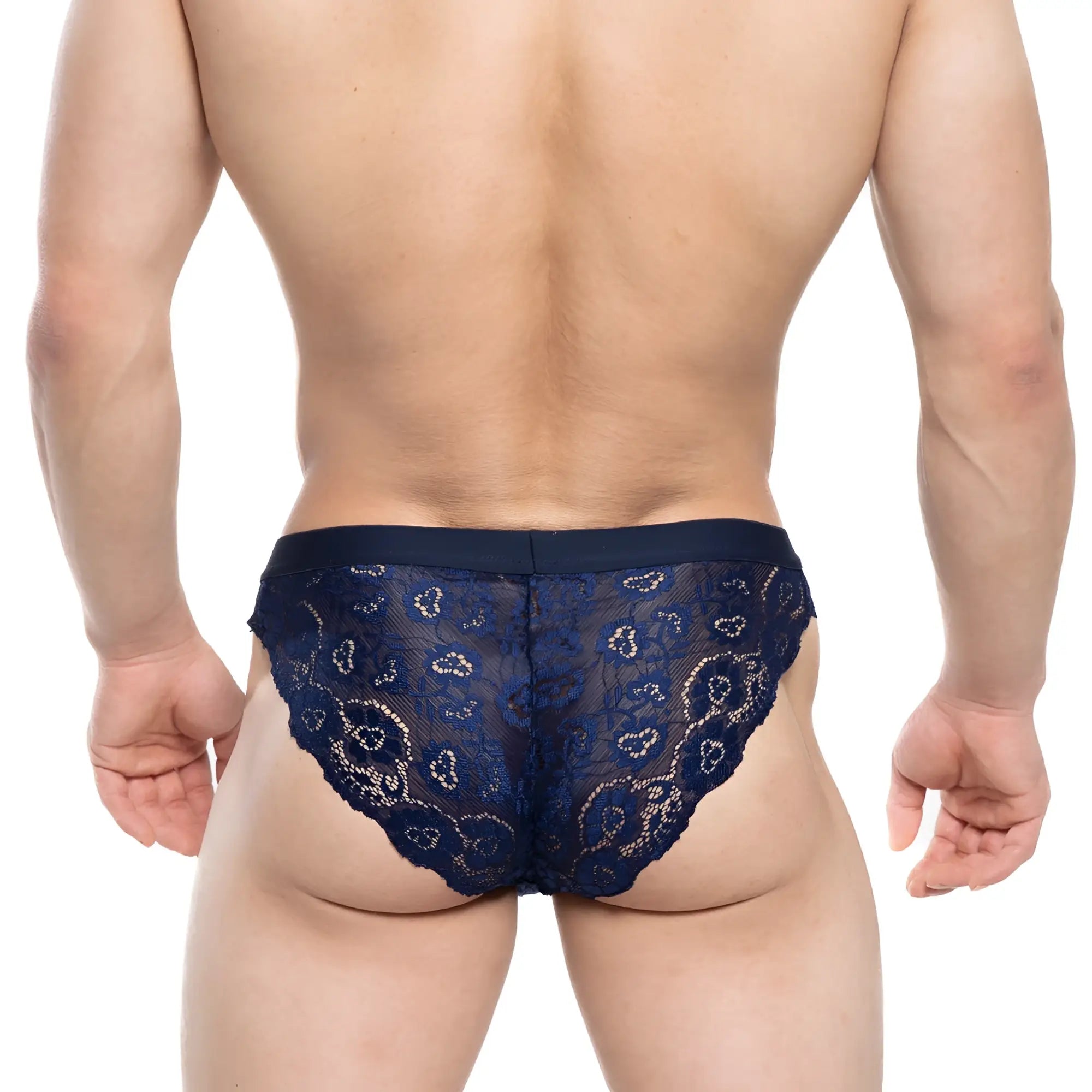 Navy blue lace briefs with intricate floral patterns and a solid waistband by MetroMaleWear Todd Brief 1403-28