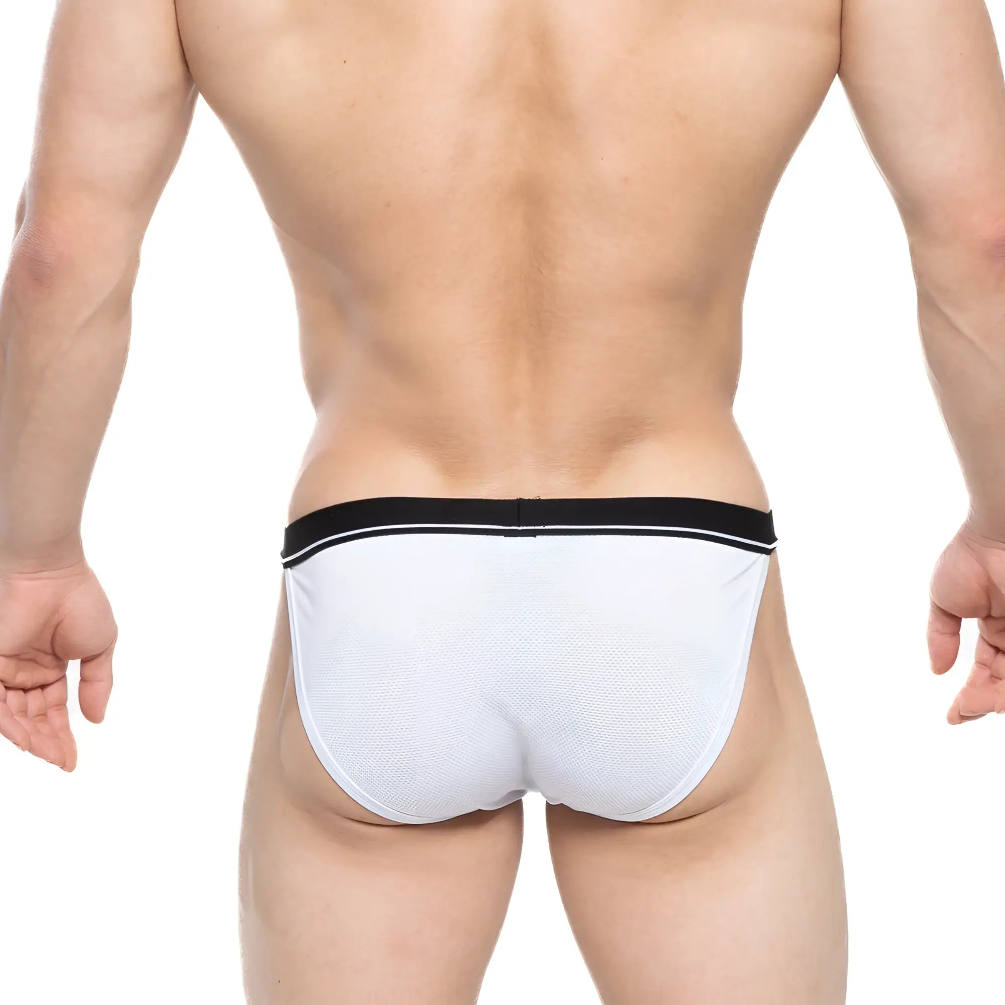 MetroMaleWear Tomcat bikini white mesh briefs with black elastic waistband and white trim front view