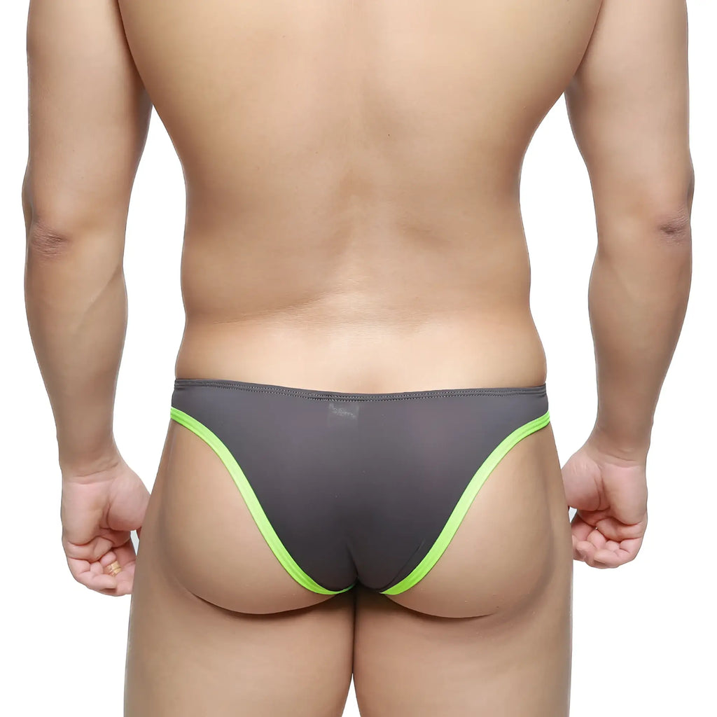 Gray mesh briefs with neon green trim by metromalewear top bikini style 6114-07 suitable for everyday wear