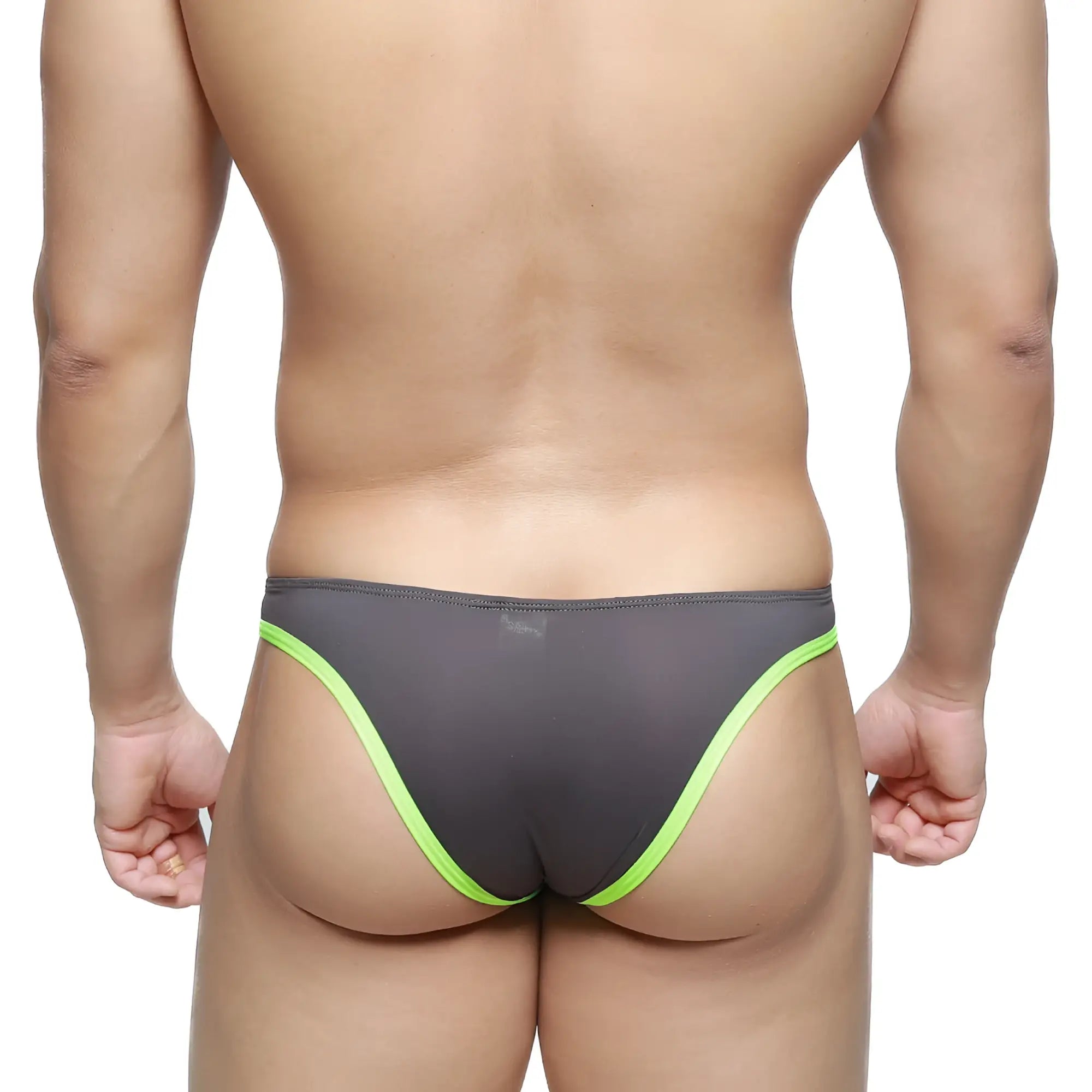 Gray mesh briefs with neon green trim by metromalewear top bikini style 6114-07 suitable for everyday wear