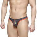 Dark gray mew brand thong with vibrant orange trim and neon yellow branding in MetroMaleWear top bikini orange 6114-14