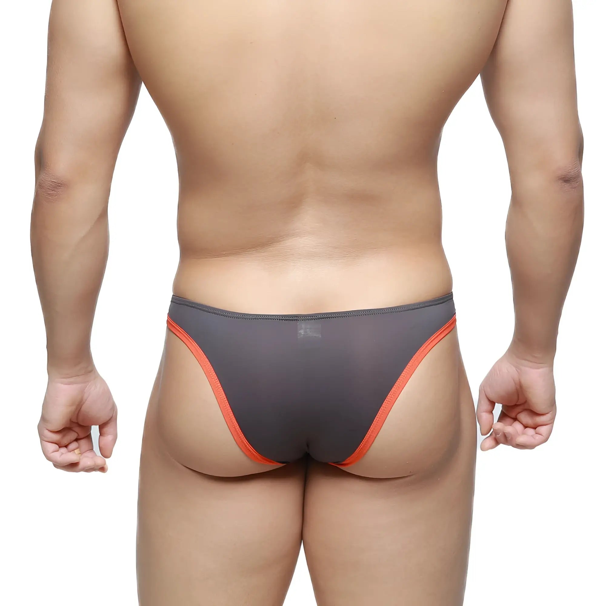 Metro male wear top bikini briefs in gray mesh with vibrant orange trim for comfortable activewear use