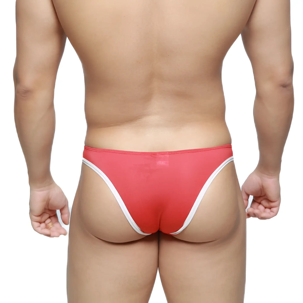 Red and white MetroMaleWear top bikini 6114-12 thong with a sleek form-fitting design for comfortable wear
