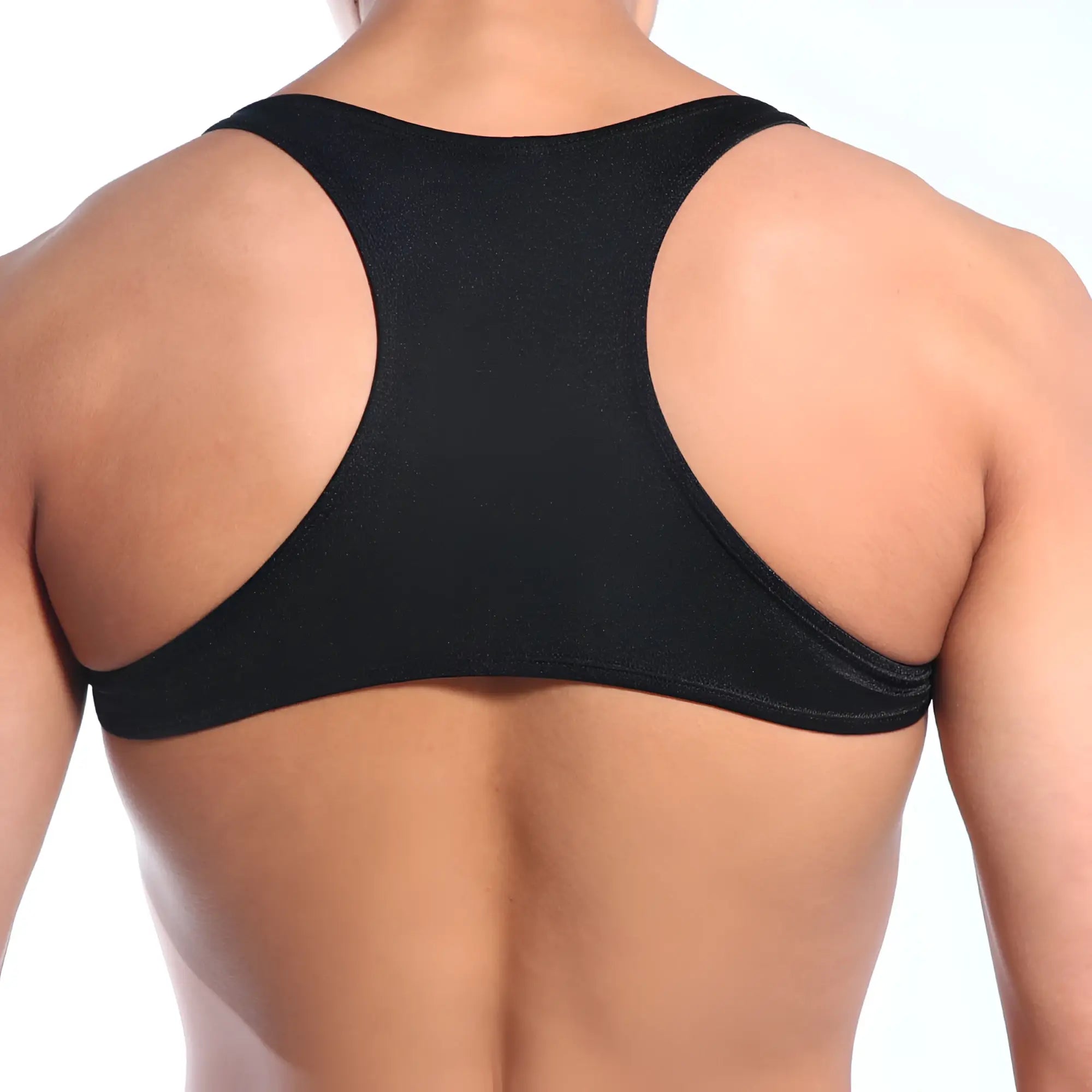 Black form-fitting sports bra metroMalewear top y back 3129-20 with sleek textured fabric and wide shoulder straps back side view