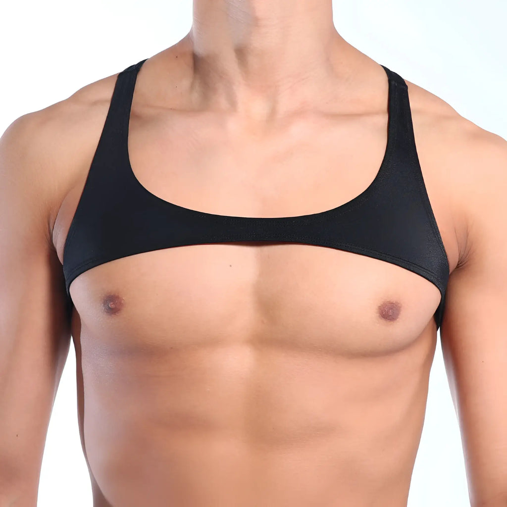 Black form-fitting tank top with wide shoulder straps and scoop neckline by MetroMaleWear shown from the back side