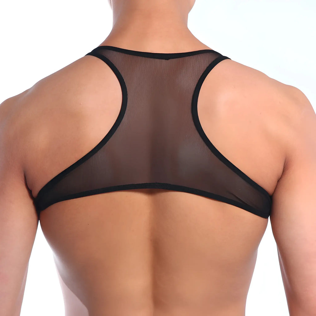 Black mesh backless top metro male wear with sleek form-fitting design in black mesh material from the back side