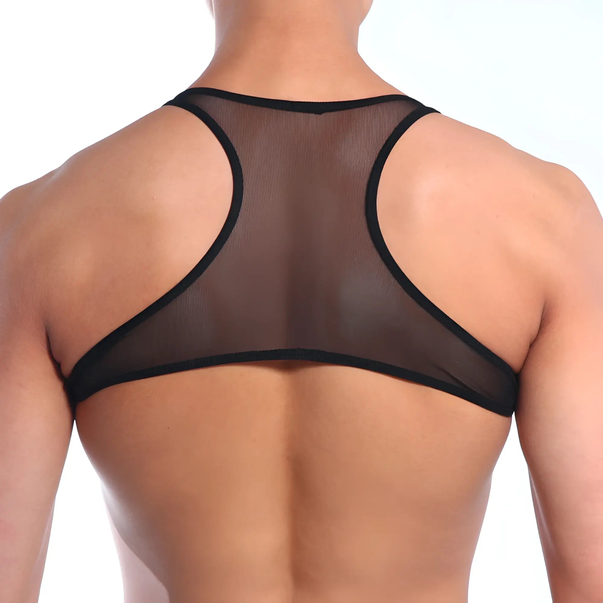 Black mesh backless top metro male wear with sleek form-fitting design in black mesh material from the back side