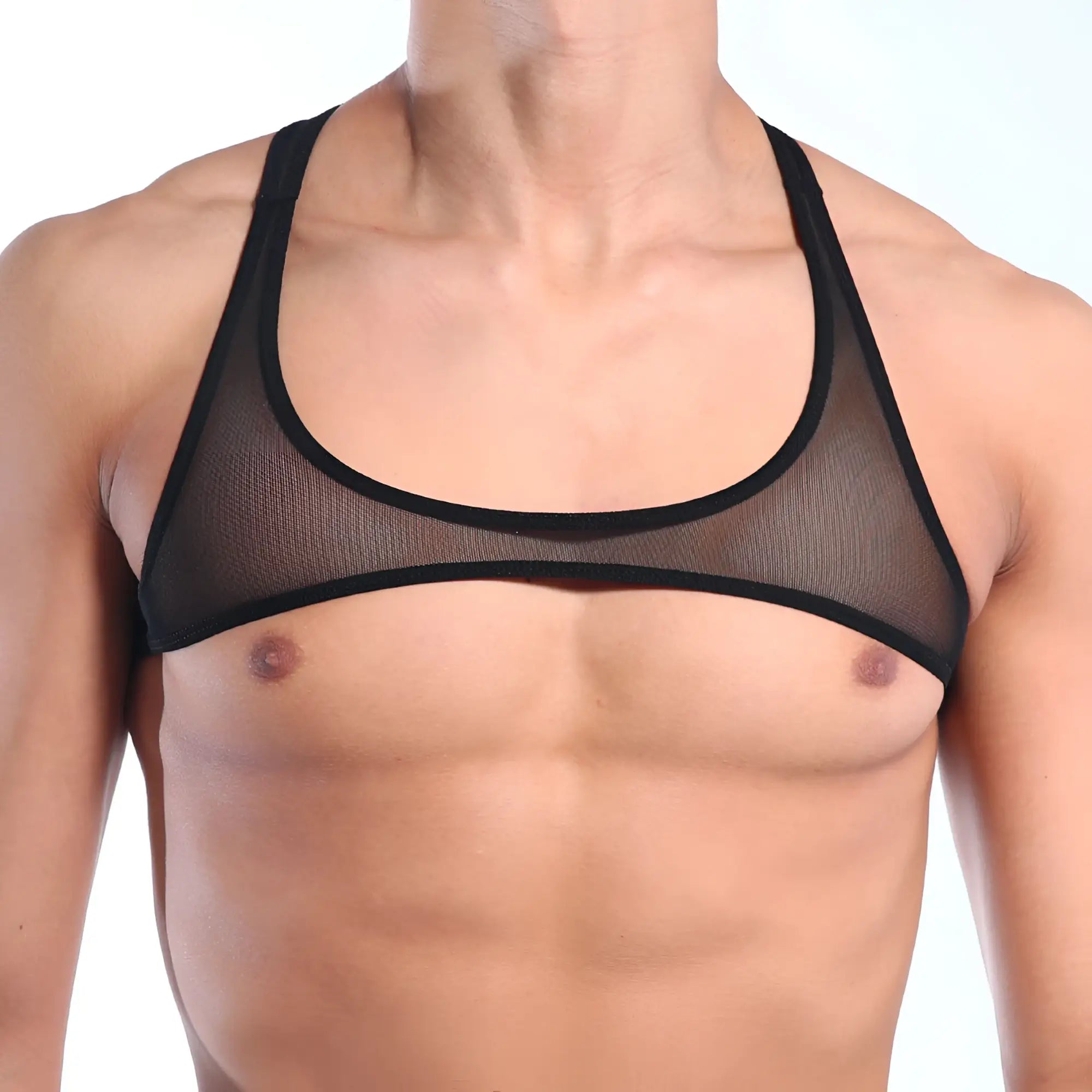 Black mesh sports bra with reinforced black trim from MetroMaleWear top y black mesh 3129-71 in front view