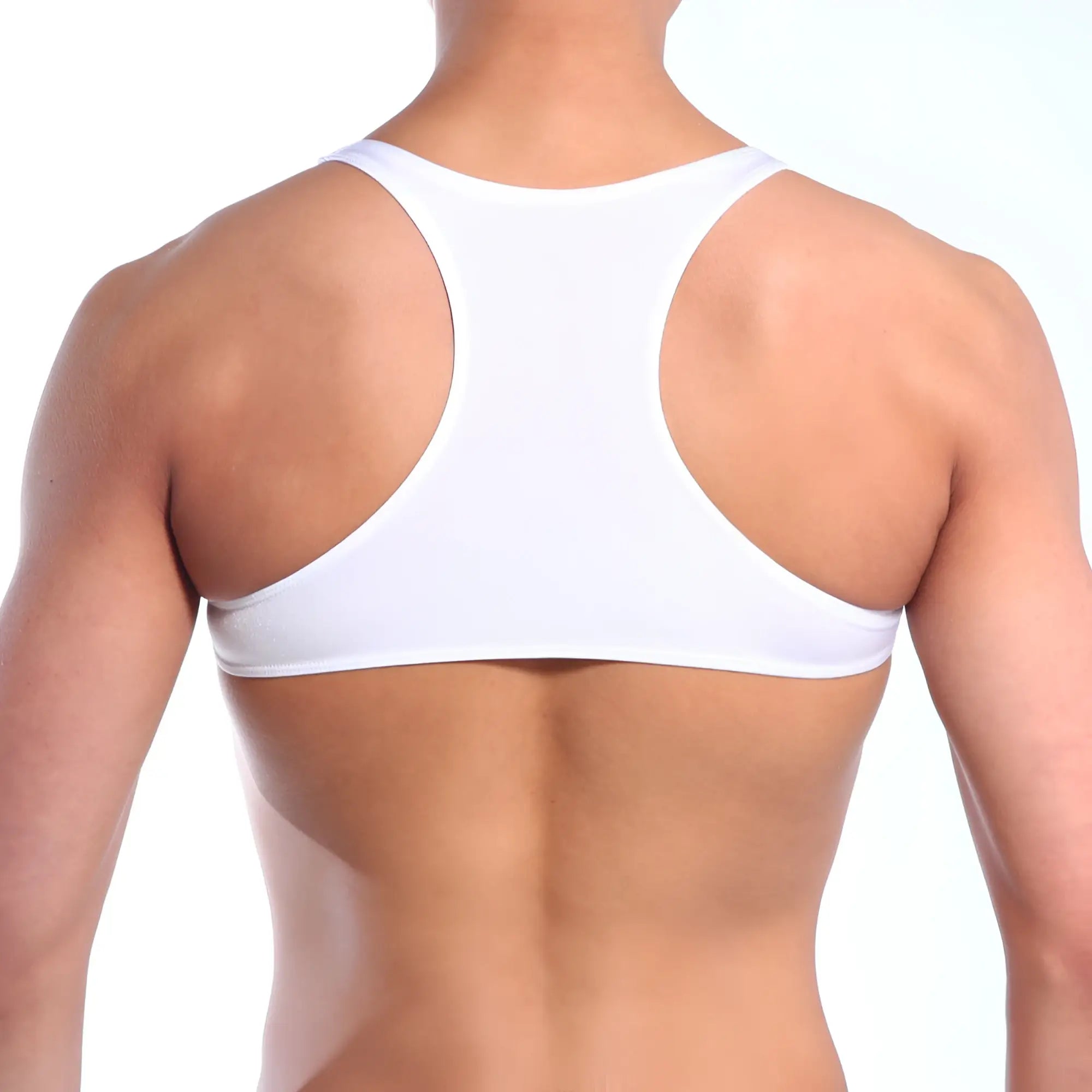 White racerback sports bra metro malewear top y white 3129-00 with wide straps and seamless smooth finish