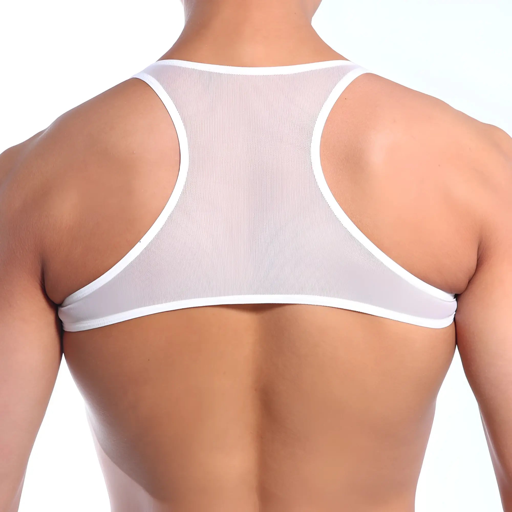 White mesh sports bra metroMalewear top y 3129-70 with thin supportive straps and seamless back design shown from back