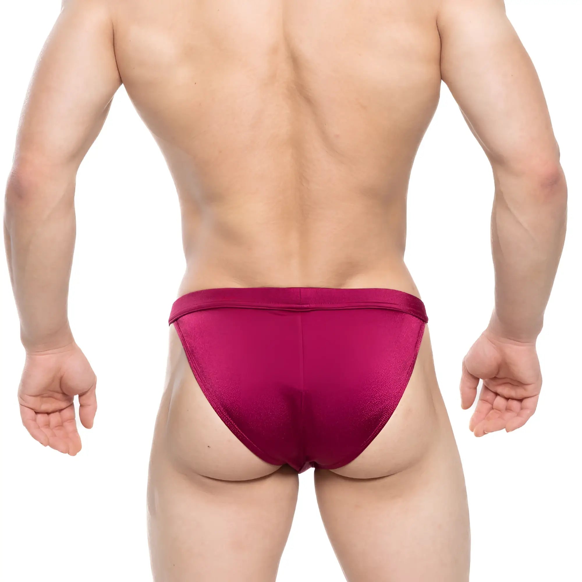 Metro male wear torres swim bikini burgundy 4993-29 deep magenta satin finish swim trunks front view