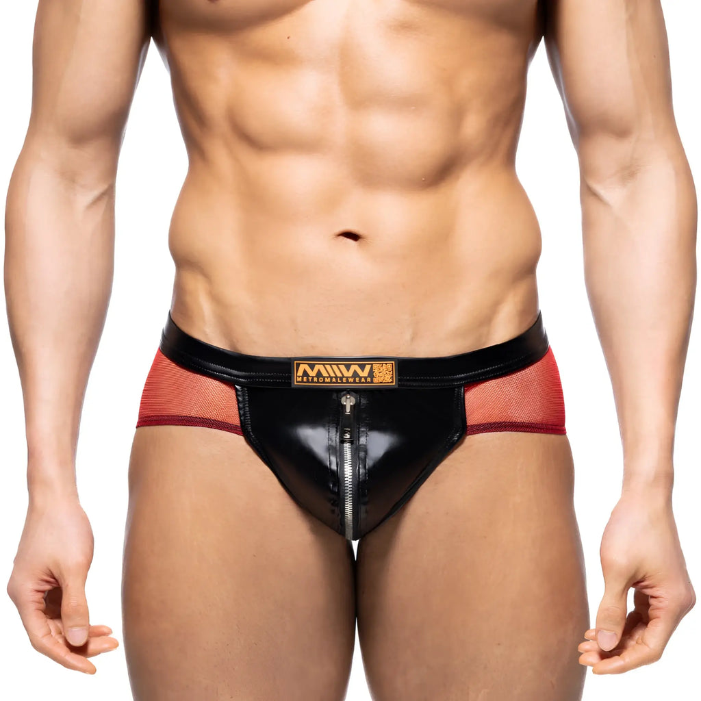 Black and red mesh briefs with shiny zipper front and miw logo waistband metroMalewear toxine brief 5903-20