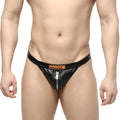 Black patent leather thong with central zipper and orange mw logo patch from metromalewear toxine thong 5902-20
