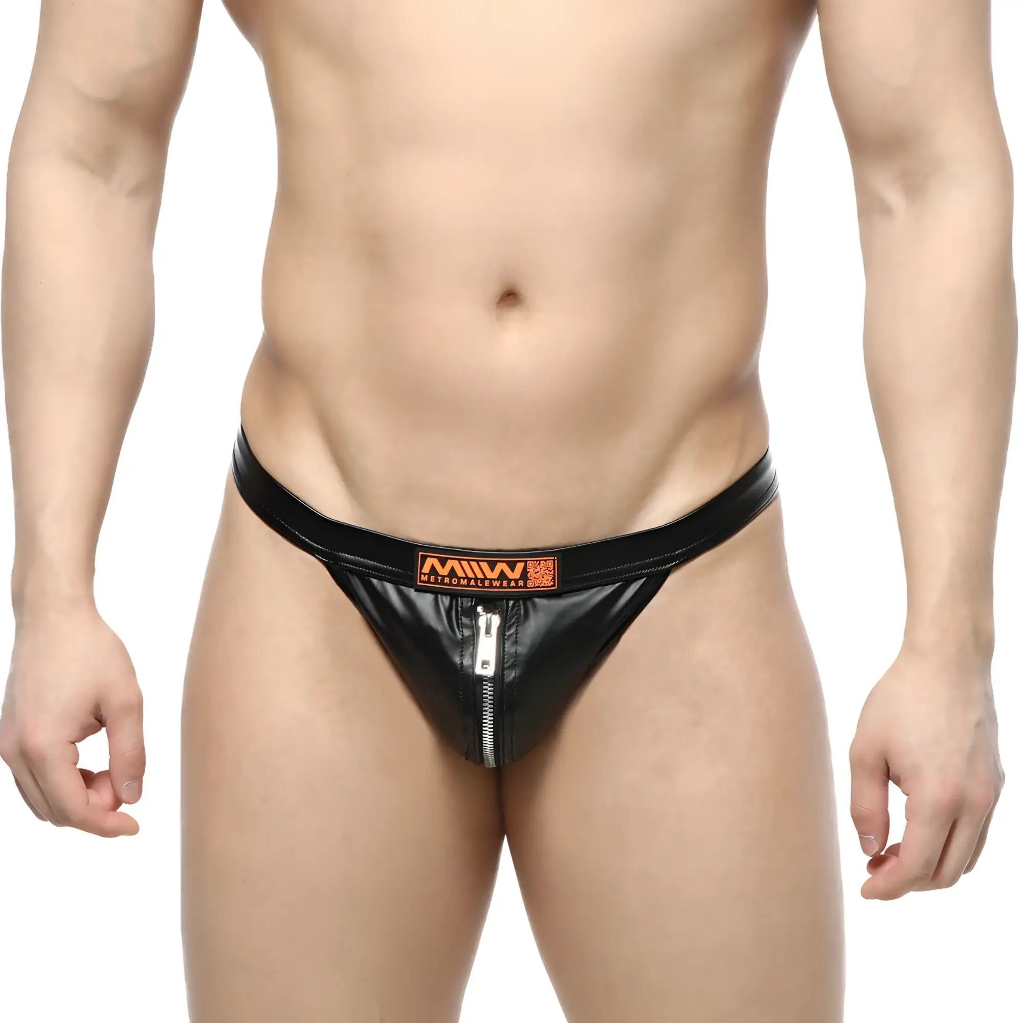 Black patent leather thong with central zipper and orange mw logo patch from metromalewear toxine thong 5902-20