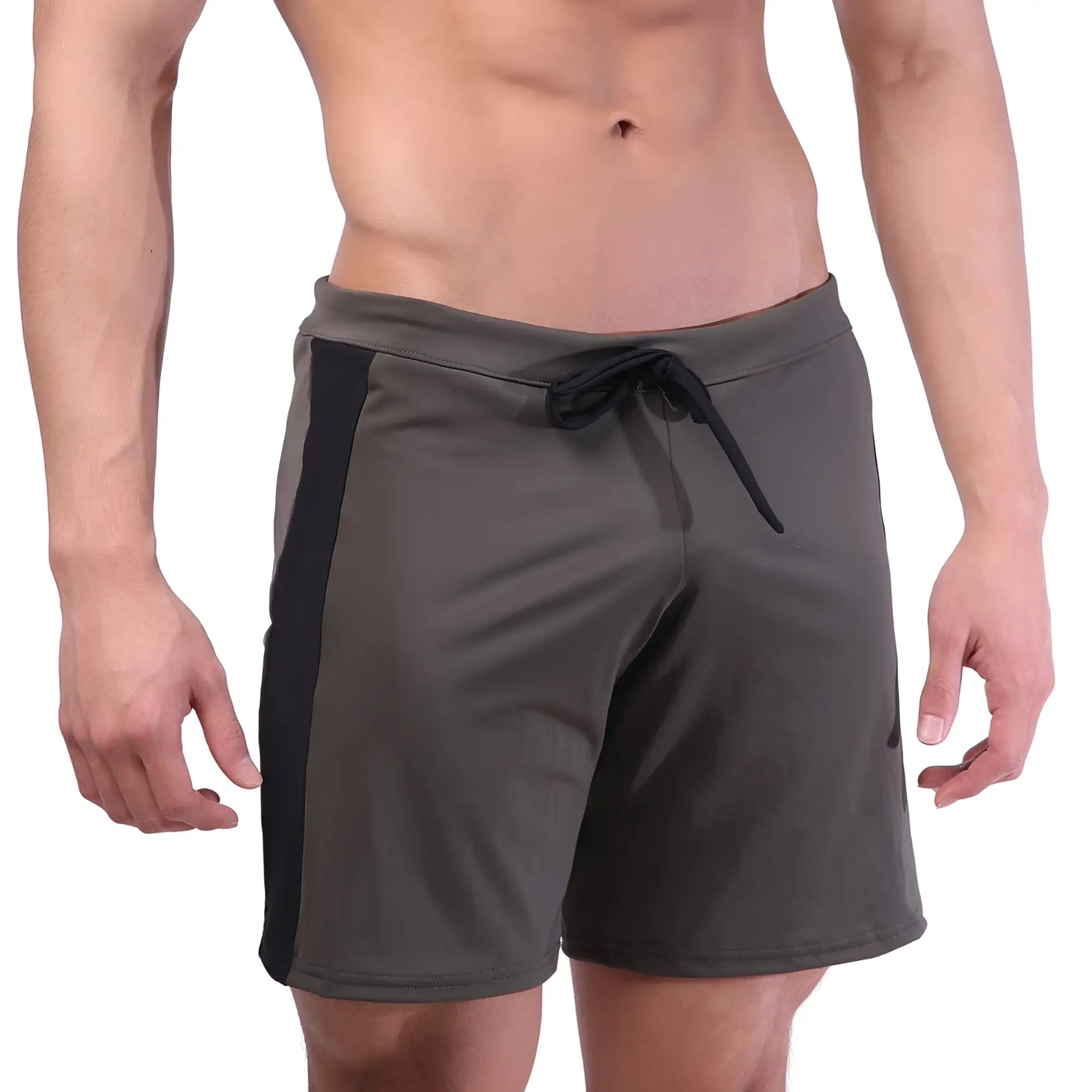 Dark gray metroMalewear trainer shorts with black side panels and matching drawstring waistband for athletic use