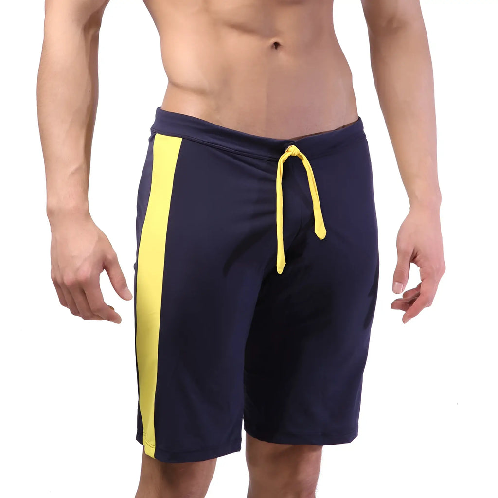 MetroMaleWear trainer short navy 4713-28 navy blue athletic shorts with bold yellow side stripe and matching drawstring