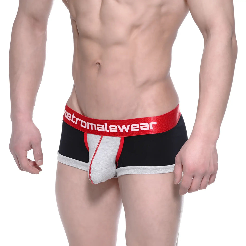 MetroMaleWear trio boxer black 3013-41 men’s briefs in black gray and red with bold red waistband and logo