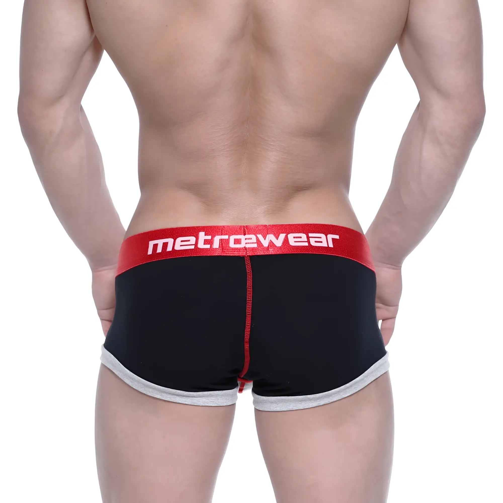 Black men’s briefs metroMalewear trio boxer black 3013-41 with red waistband metrewear logo and gray trim