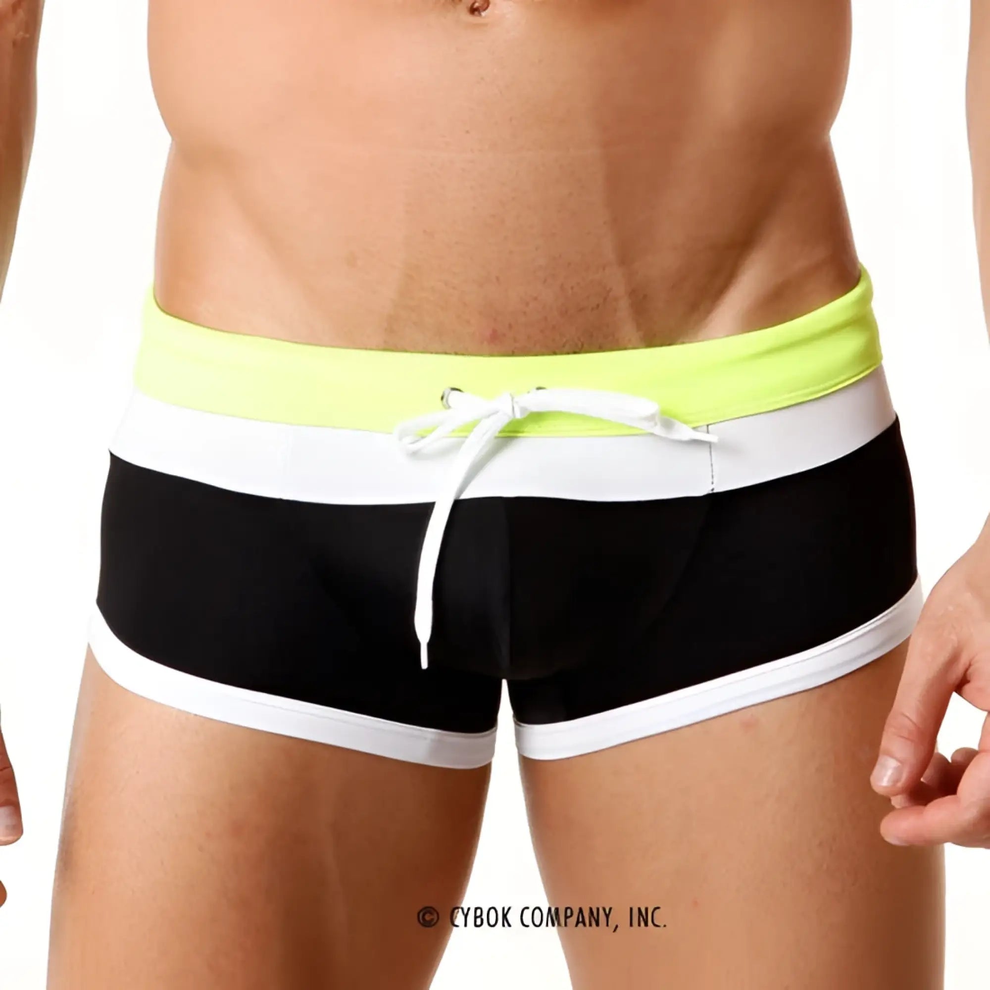 MetroMaleWear trio swim trunk black 4913-20 with black and white stripes and neon yellow waistband and drawstring