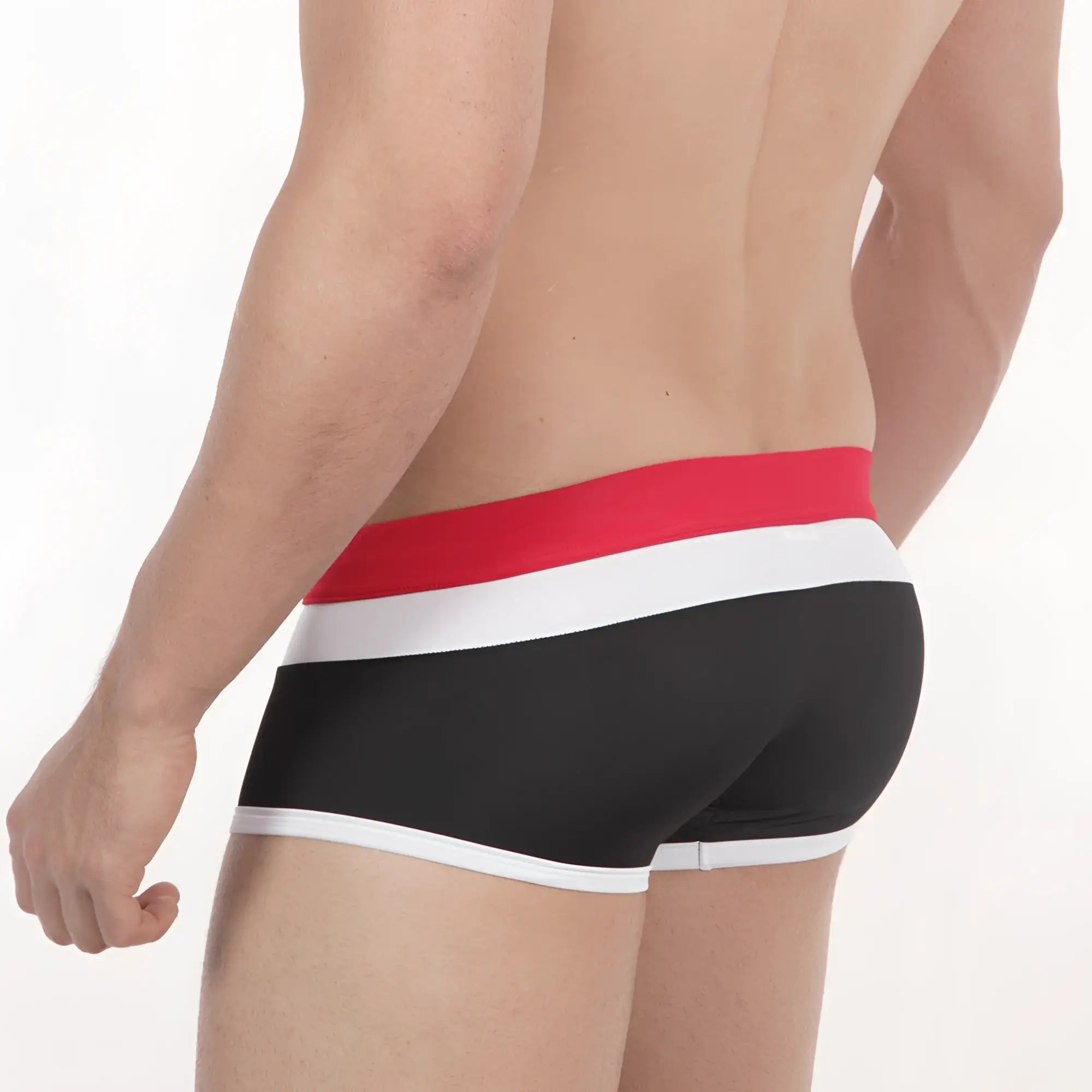 Black briefs from metromalewear trio swim trunk with bold red and white striped waistband for swim use