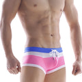 Pink and blue striped swim trunks with white drawstring from MetroMaleWear Trio Swim Trunk Pink II 4913-01 collection