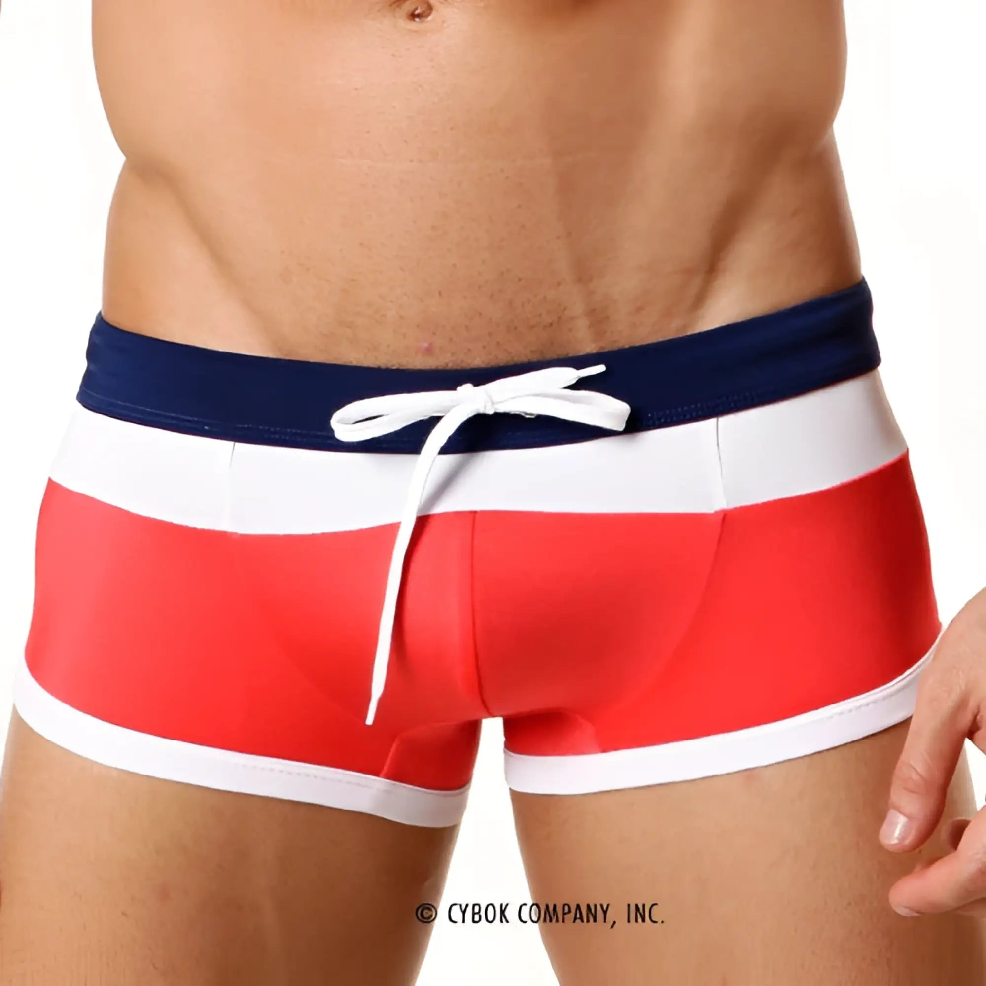 MetroMaleWear Trio swim trunk red 4913-12 with red white and navy blue stripes and a white drawstring for swimming